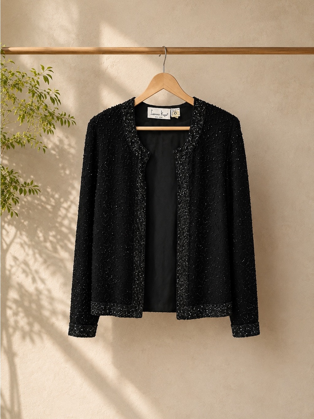 Laurence Kazar Black 100% Silk Beaded Jacket XL Vintage Evening Statement Top